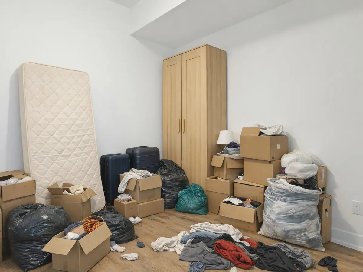 Schlafzimmer vor der Räumung – mit Möbeln, Kartons und Gerümpel
