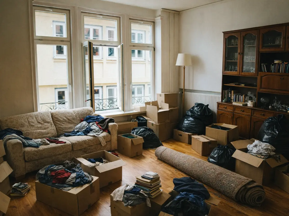 Wohnzimmer vor der Räumung – mit Möbeln, Kartons und Gerümpel