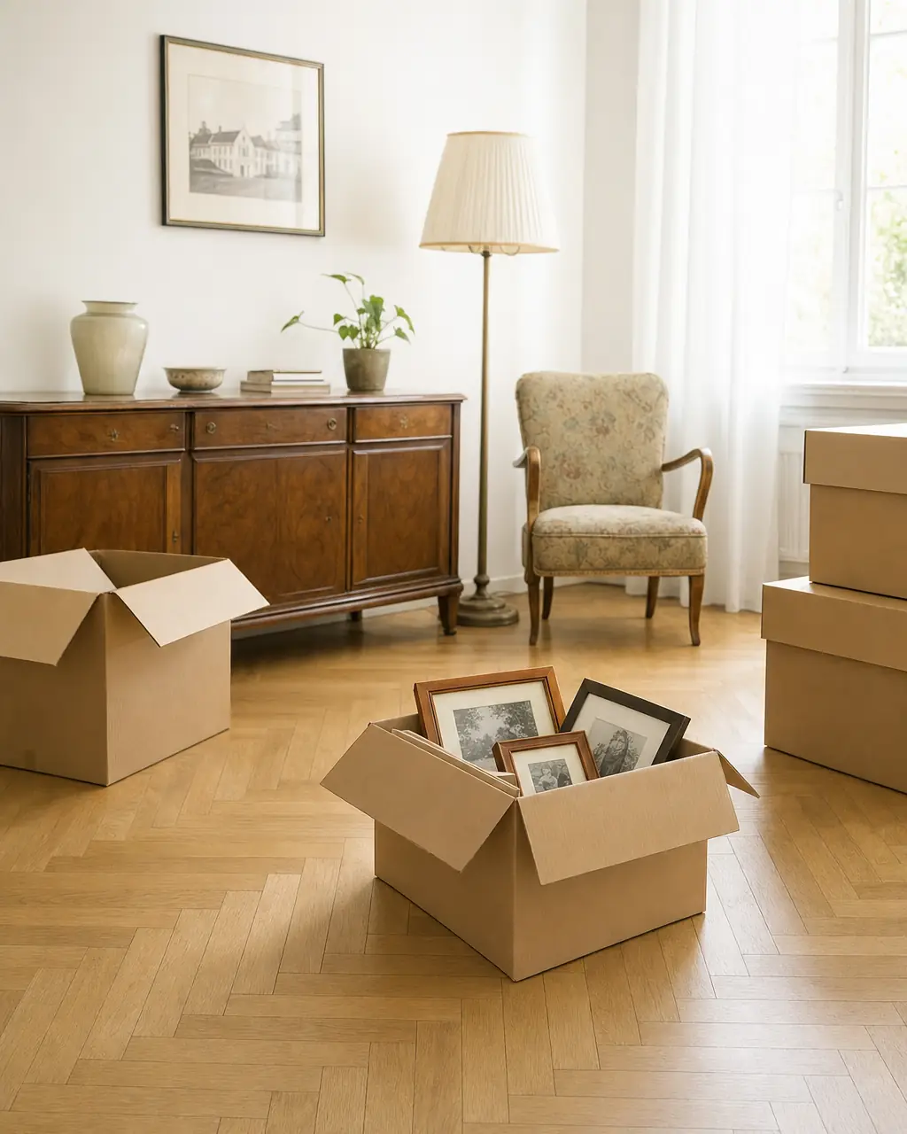 Helles Wohnzimmer mit Sideboard, Sessel und gepackten Kartons