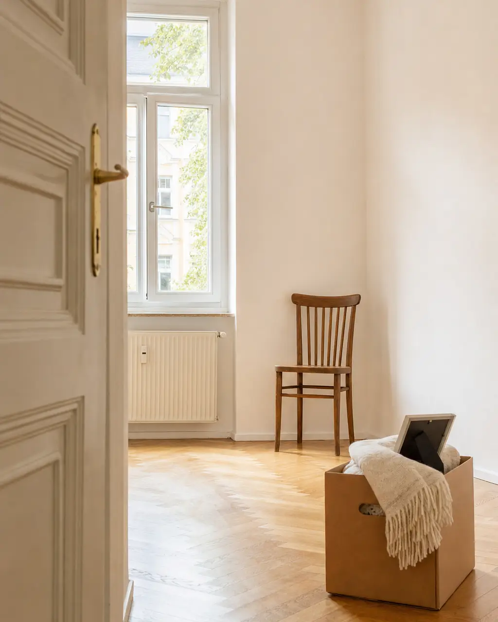 Stiller Raum mit Stuhl und einem Karton mit Decke